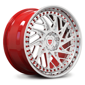 Custom forged red deep dish wheels for Corvette C8, featuring unique design and chrome accents.